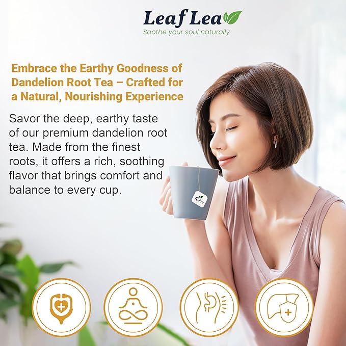 LeafLea 40 Dandelion Root Tea Bags, Dandelion Tea Supports Wellness and a Balanced Lifestyle, Natural Dried Dandelion Root, Vegan, No Sugar, Caffeine-Free