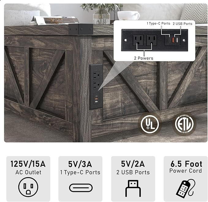 Farmhouse Lift Top Coffee Table with Storage, Wood Square Center Table with Charging Station&USB Port, Living Room Table w/Large Hidden Space, for Living Room, Bedroom, Home Office, Dark Grey