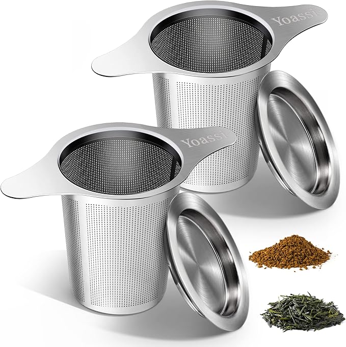 Extra Fine 18/8 Stainless Steel Tea Infuser Mesh Strainer with Large Capacity & Perfect Size Double Handles for Hanging on Teapots, Mugs, Cups to Steep Loose Leaf Tea and Coffee (2 Pack)