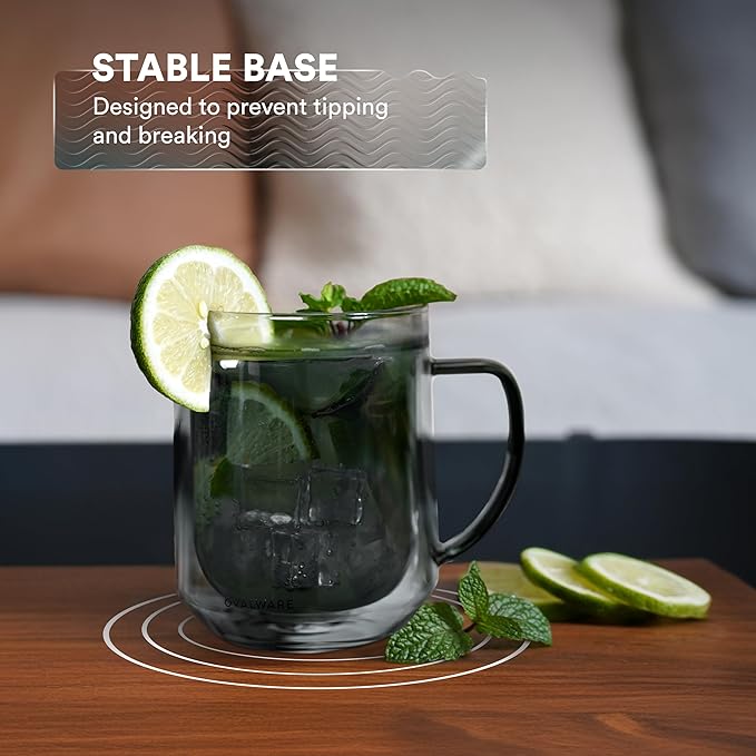 ovalware 500ml Double Wall Glass Coffee Mugs, Single Lip Mugs Made of Durable Borosilicate Glass, Insulated Coffee Mug with Handle for Hot and Cold Drinks - Stealth Gray