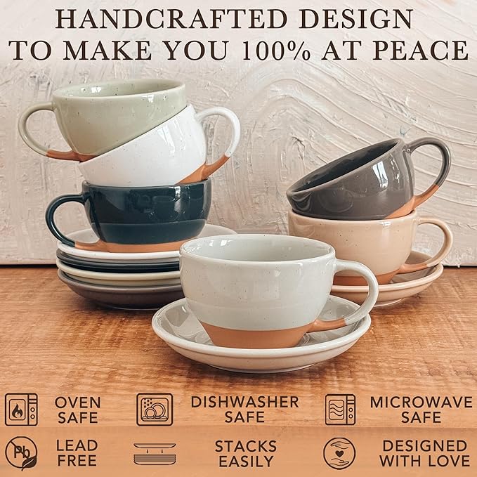 MORA Ceramic Latte Art Mug With Saucer - 10.5 oz, Round Bottom For Perfect Pours - Cafe Cups for Cappuccino, Espresso, Coffee, Tea etc - Porcelain Set for Baristas, Great Gift - Earl Grey