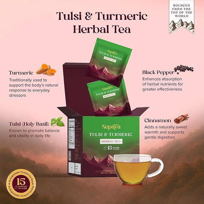 Nepaya Tulsi & Turmeric Herbal Tea – 15 Pyramid Tea Bags, Holy Basil Blend with Cinnamon & Black Pepper, Biodegradable, Caffeine-Free, Himalayan Tisane