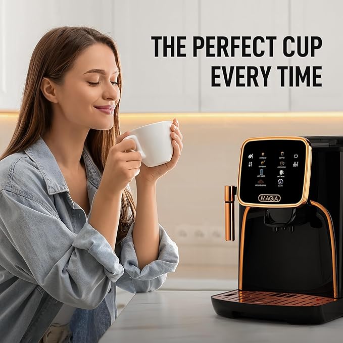 Zulay Kitchen Magia Clasica Automatic Espresso Machine with Built-In Grinder, Touch Panel Coffee Maker, Steam Wand Milk Frother, Adjustable Strength, Self-Cleaning, Black & Copper