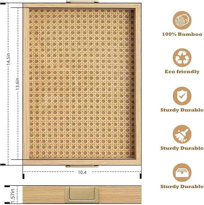 Rattan Woven mesh Surface Wood Serving Tray with Metal Handles, 14.5inx10.4in Food Drinks Tray for Coffee Table, Breakfast, Dinner & Bar,Kitchen,Party (Rattan Weaving/Small)