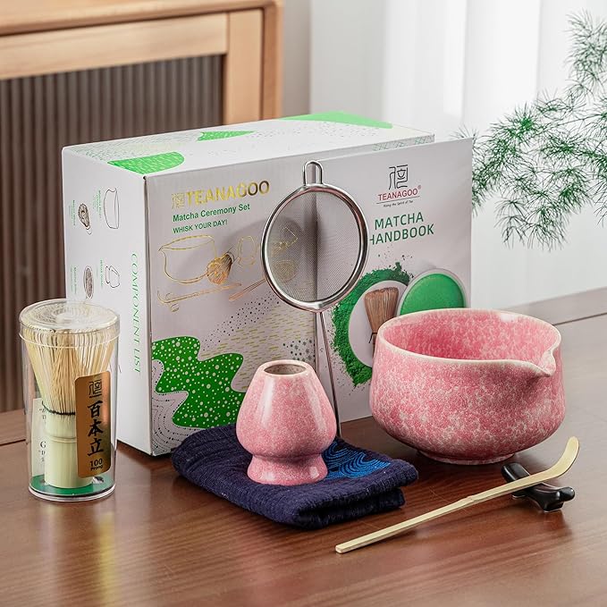 TEANAGOO Matcha Whisk Set,7 Pcs Matcha Set Pink for Making Latte,Ceramic Bowl(chawan) whith Spout and Whisk,Gift for Friend/Family