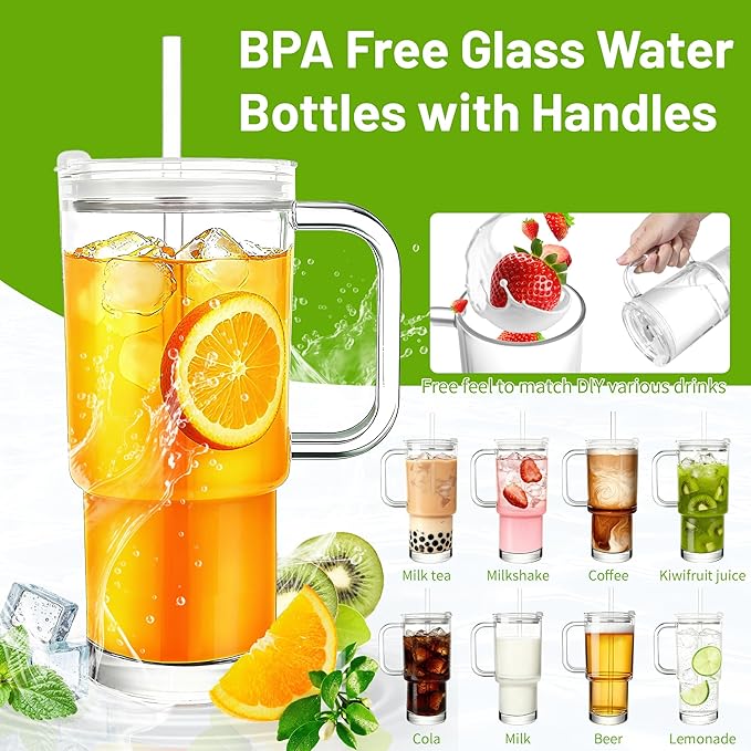 28oz Glass Coffee Cups with Lids and Straw,2 Pack Glass Tumbler with Handle for Cold & Hot Drinks Wide Mouth Travel Mug for Smoothies,Beer,Tea,Juice and Iced Coffee Cups with Lids and Straw
