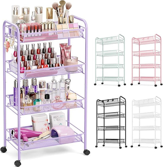 TOOLF 4-Tier Rolling Cart, Metal Utility Cart with 3 Hooks, Easy Assemble Mobile Storage Trolley On Wheels, Metal Shelving Units Kitchen Bathroom Laundry Room