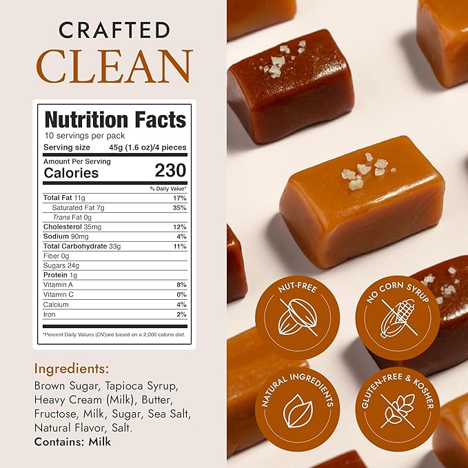 Béquet Assorted Caramels - Gourmet Individually Wrapped Candy Variety Pack - Celtic Sea Salt, Salt Chocolate, Classic Vanilla, Butterscotch, Green Apple, Salted Mocha & Salted Butterscotch - 8 oz Gift Bag