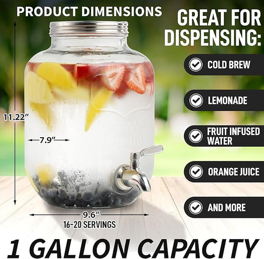 Zulay 1 Gallon/128oz Cold Brew Coffee Maker – Thick Glass Pitcher with Stainless Steel Filter, Lid & Spout – Large Mason Jar Container Dispenser - Iced Coffee & Sun Tea Brewer for Fridge – Silver