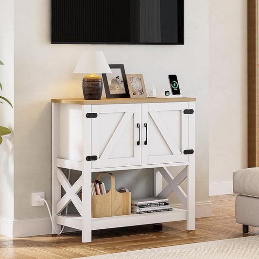 IRONCK Farmhouse Console Table with Storage Cabinet, Entryway Table with Shelf, Coffee Bar with Power Outlets for Hallway Kitchen Living Room, White