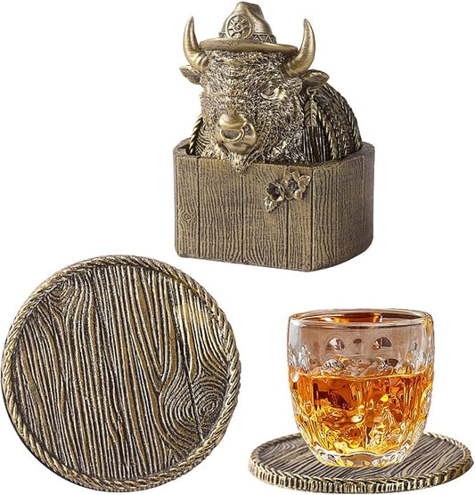 Cabin Coasters Set 6 Full Size Non-Slip Bar Coasters, Indoor Christmas Decorations, Man Cave Gifts for Men, Rustic Handmade Decor for The Home (Buffalo)