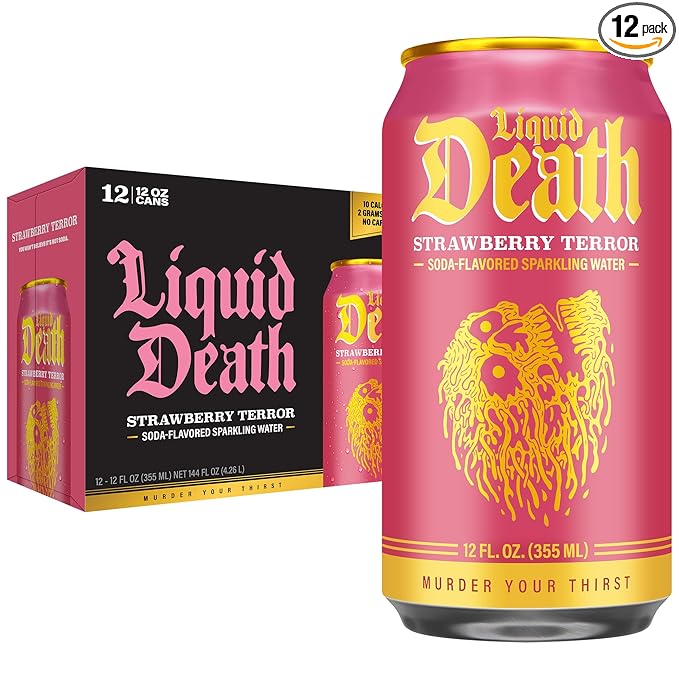Liquid Death Soda-Flavored Sparkling Water - Strawberry Terror, Less Sugar*, Huge Flavor, No Caffeine, No Artificial Sweeteners, 12 Fl Oz (Pack of 12)