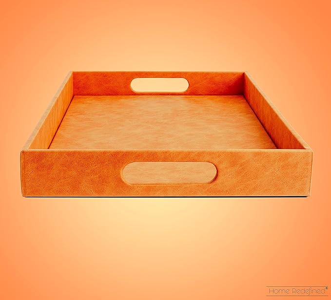 Beautiful Modern Elegant 17.5"x12" Rectangle Orange Faux Leather Decorative Tray Ottoman Coffee Table Perfume Living Room Kitchen Serving Tray with Handles for All Occasion's
