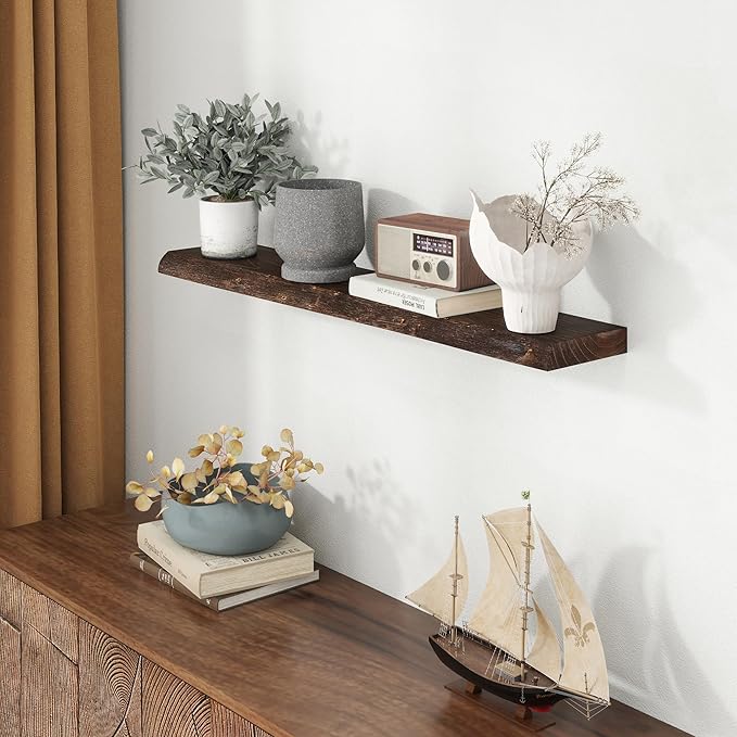 Live Edge Elm Wood Floating Shelves, 40 Inch Long Wall Shelves 1 Pack Shelf for Farmhouse Bedroom Bathroom Kitchen, Wall Mounted Wooden Shelf with Invisible Bracket for Books Decor, Walnut
