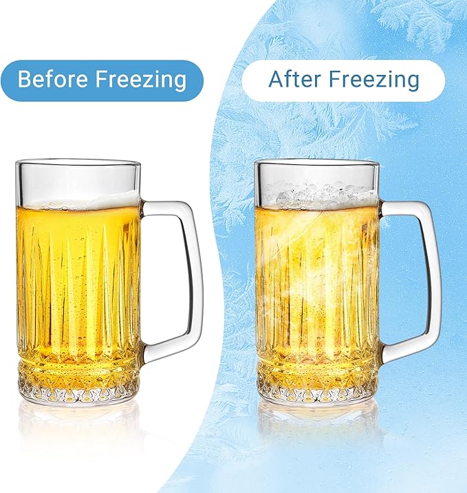 20oz Beer Mug, 4 Pack Glass Beer Mugs for Freezer, Clear Large Beer Steins with Handle, Gifts for Men