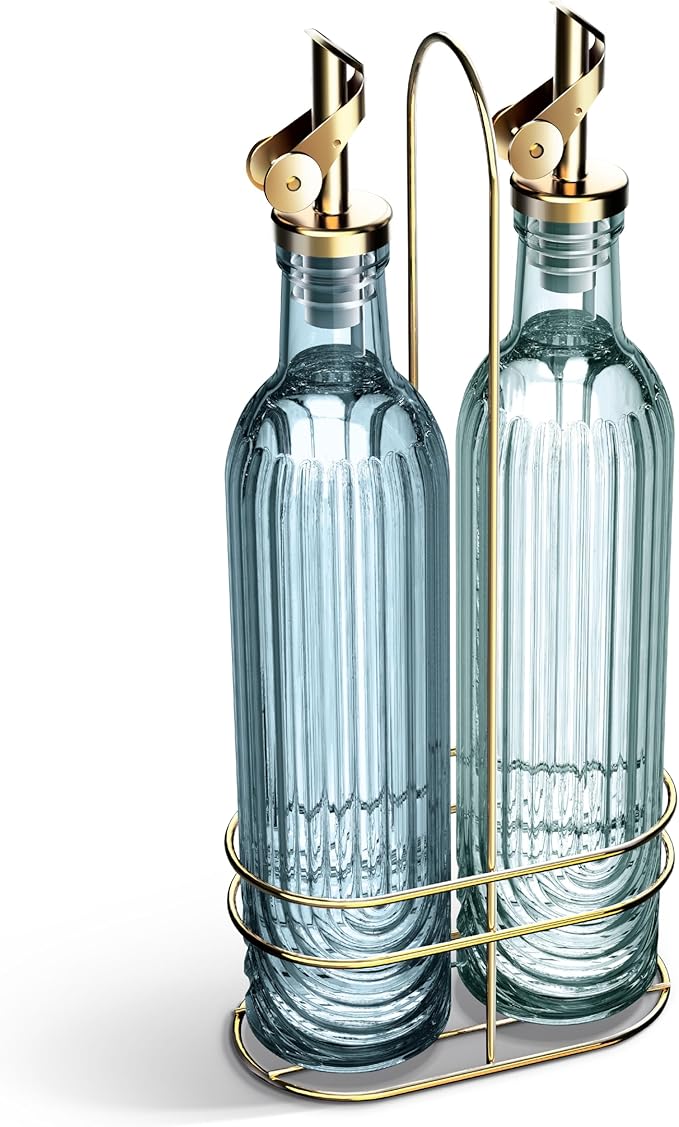 COOK WITH COLOR Glass Olive Oil Bottle Dispenser - 2 Pack- 17oz Oil and Vinegar Cruet - Olive Oil Carafe Decanter for Kitchen, Elegant Fluted, Blue