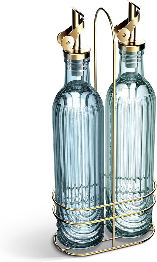 COOK WITH COLOR Glass Olive Oil Bottle Dispenser - 2 Pack- 17oz Oil and Vinegar Cruet - Olive Oil Carafe Decanter for Kitchen, Elegant Fluted, Blue
