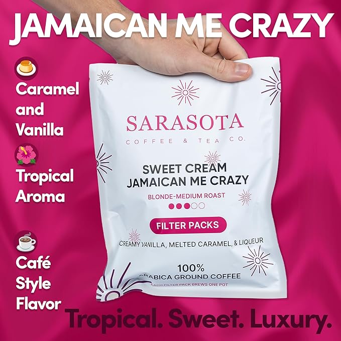 Ground Flavored Coffee In Filter Packs | Medium Roast Low Acid Mold Free Pouches | Sampler Packets | Sweet Cream Jamaican Me Crazy Gourmet Powder Bags for 10-12 Cup Drip Maker | Highest Rated Individual Premeasured Coffee