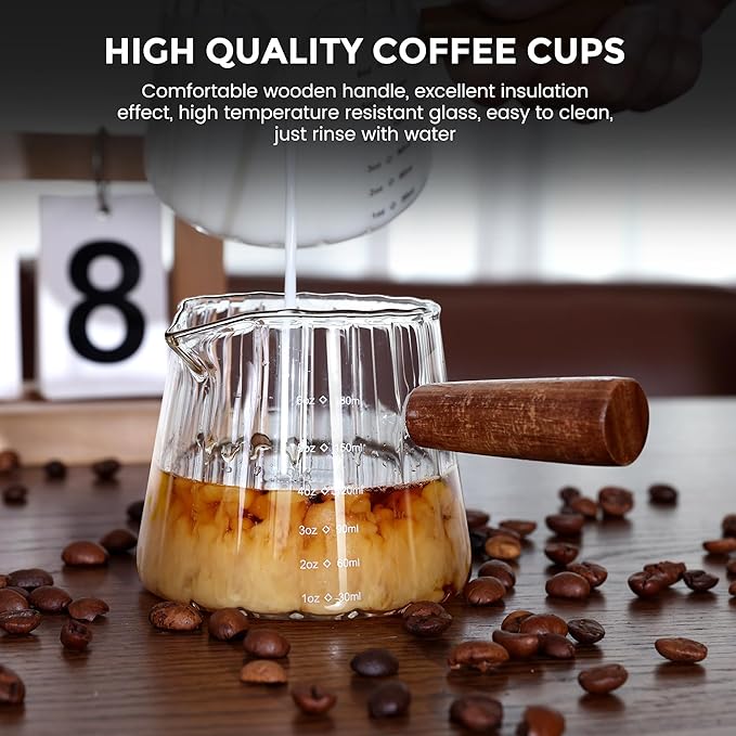 2 PCS Espresso Measuring Cup 6 Oz, Espresso Glass Cups with Wood Handle, Milk Frothing Cup, Espresso Cup for Coffee, Milk, Tea or Maple Syrup Serving
