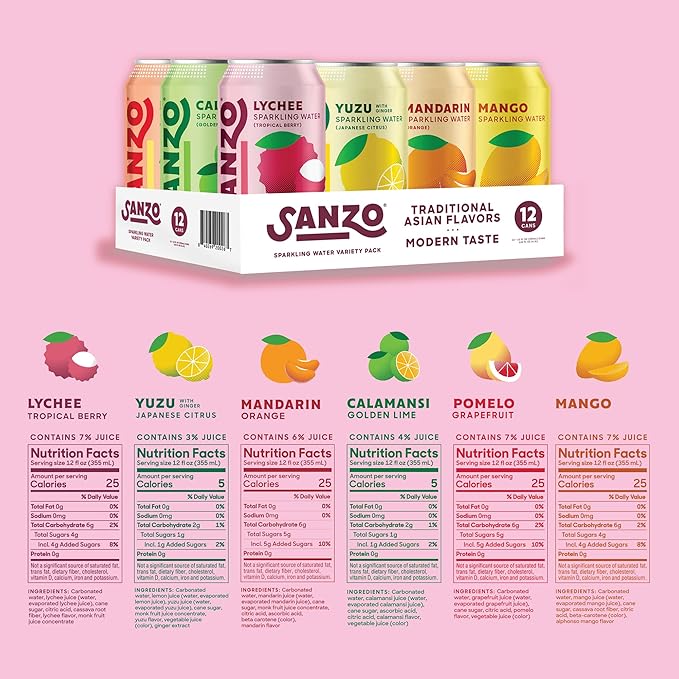 Sanzo Flavored Sparkling Water Variety Pack - Yuzu Lemon, Calamansi Lime, Pomelo Grapefruit, Mango, Lychee, Mandarin Orange - Asian Drinks Carbonated Flavored Water, Fizzy Seltzer - 12oz, 12 Pack