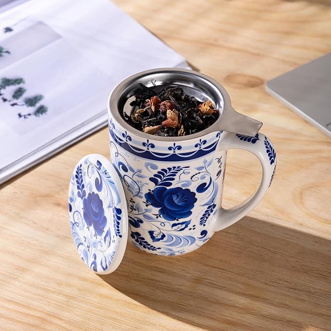 GBhome Tea Mug with Infuser and Lid, 18 Ounce Large Ceramic Loose Leaf Cup, Microwave, Dishwasher Safe, Perfect For Tea Lovers