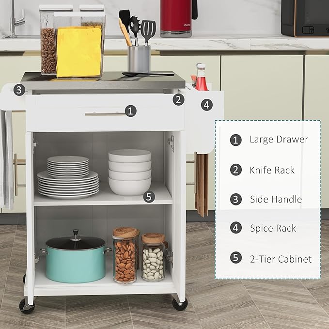 HOMCOM Kitchen Island on Wheels, Rolling Kitchen Cart with Stainless Steel Countertop, Drawer, Towel Rack and Spice Rack, Utility Storage Trolley, Cream White
