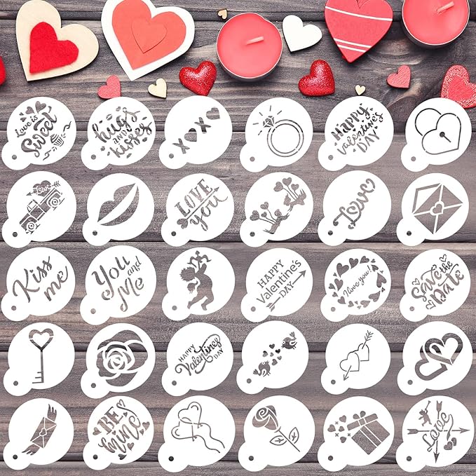 Outus 30 Pcs Valentines Cake Stencils Reusable Valentine Cookie Stencils Templates Decoration Coffee Dessert Baking Painting Mold Tools DIY Heart Cardmaking for Valentine's Day Party Supplies