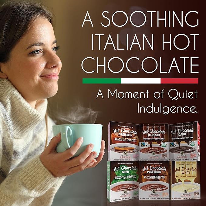 Cafe Garibaldi Premium Dark Hot Chocolate - Organic Instant Cocoa Mix with Dark Cacao Powder, Fair Trade, Gluten-Free, & GMO-Free, 8 Servings x 0.62oz Packets, Ideal Italian Hot Chocolate Gift