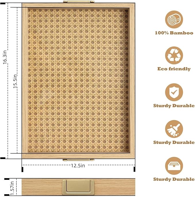 Rattan Woven mesh Surface Wood Serving Tray with Metal Handles, 16.3x13 in Food Drinks Tray for Coffee Table, Breakfast, Dinner & Bar,Kitchen,Party (Rattan Weaving/Large)