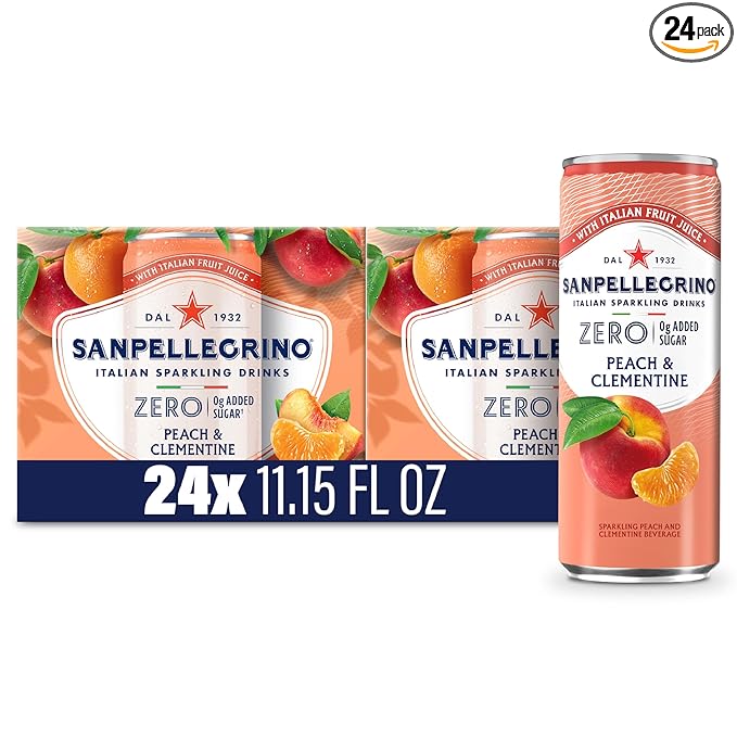 Sanpellegrino Zero Grams Added Sugar Italian Sparkling Drinks, Sparkling Peach Clementine Beverage, 24 Pack of 11.15 Fl Oz Cans