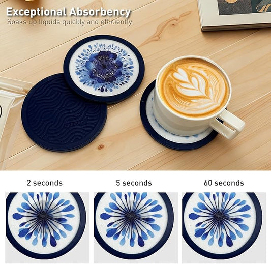 Indigo Floral Non-Slip Silicone Coasters, 4-Pack Double-Sided Absorbent Cup Mats for Hot & Cold Drinks, Scratch & Water Ring Protection for Wood Tables, Home Office Bar Use (4PC)