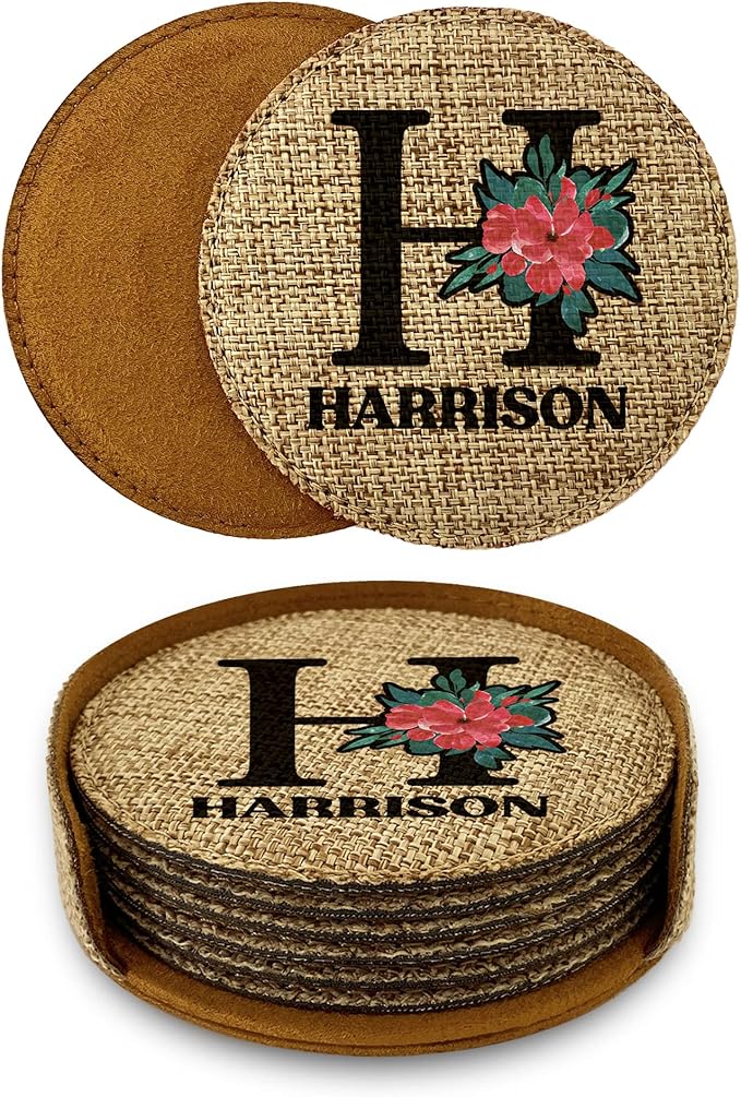 Smile Art Design Family Monogram Custom Coaster Set of 6 with Base Round Burlap Material Family Name Personalized Prints Personalized Gifts House Warming Wedding Gift Living Room Rustic Decor Style6