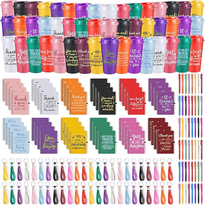 Skylety 48 Set/ 192 Pcs Employee Appreciation Gifts Bulk Thank You Inspirational Gift Set 16 oz Coffee Cups with Thank You Notebook Pen Keychain for Staff Team Teacher Coworker Friend (Classic Color)