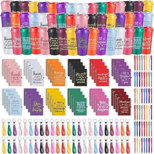 Skylety 48 Set/ 192 Pcs Employee Appreciation Gifts Bulk Thank You Inspirational Gift Set 16 oz Coffee Cups with Thank You Notebook Pen Keychain for Staff Team Teacher Coworker Friend (Classic Color)