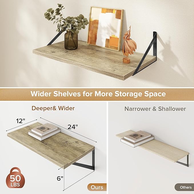 Deep Floating Shelves Wall Mounted, 24"x12" Gray Wall Shelves with Brackets Set of 2 for Bedroom, Living Room, Bathroom, Kitchen, Office - Storage & Display Shelf for Decor, Books, Plants