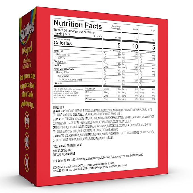SINGLES TO GO! Skittles Variety Pack, Watertok Powdered Drink Mix, Zero Sugar, Low Calorie, Includes 4 Flavors: Green Apple, Strawberry, Grape, Orange, 1 Box (30 Single Servings)