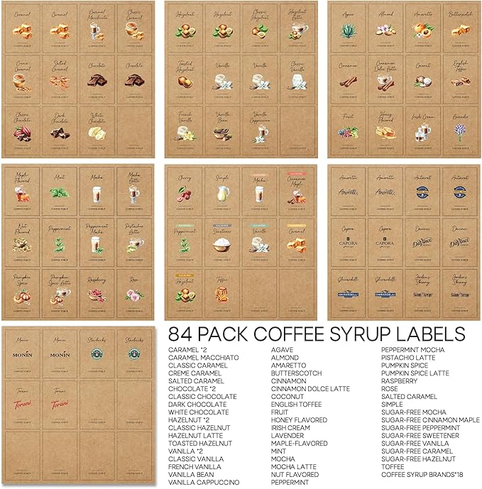 84 Vintage Coffee Syrup Labels for Coffee Bar - Rustic Kraft Paper Syrup Labels for Syrup Dispenser & Bottle Organization - Classic Design Décor for Espresso Station, Home, Kitchen