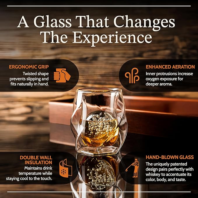 JAMES BENTLEY JB Whiskey Glasses – Double Wall, Hand Blown Borosilicate Glass, Enhances Aroma and Flavor, Premium Quality for Bourbon & Whiskey Tasting — Set of 2 Glasses with 2 Ice Ball Molds