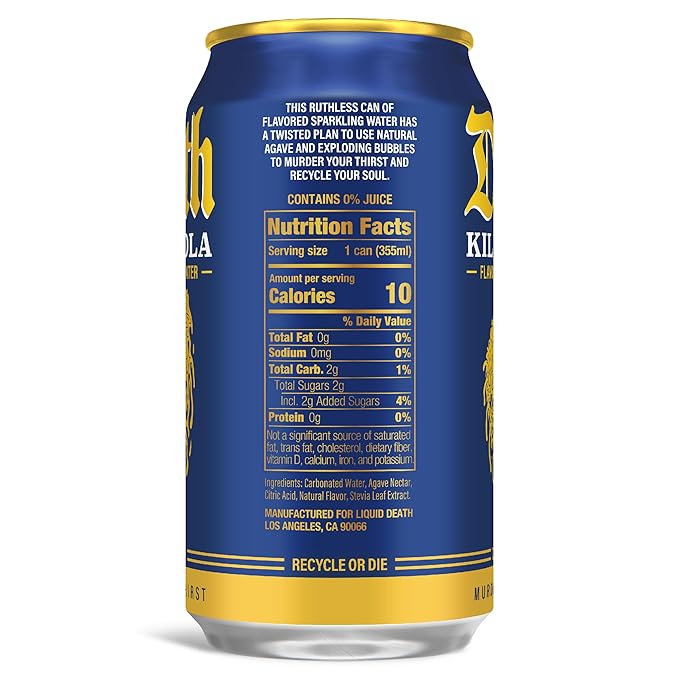 Liquid Death Soda-Flavored Sparkling Water - Killer Cola, Less Sugar*, Huge Flavor, No Caffeine, No Artificial Sweeteners, 12 Fl Oz (Pack of 12)