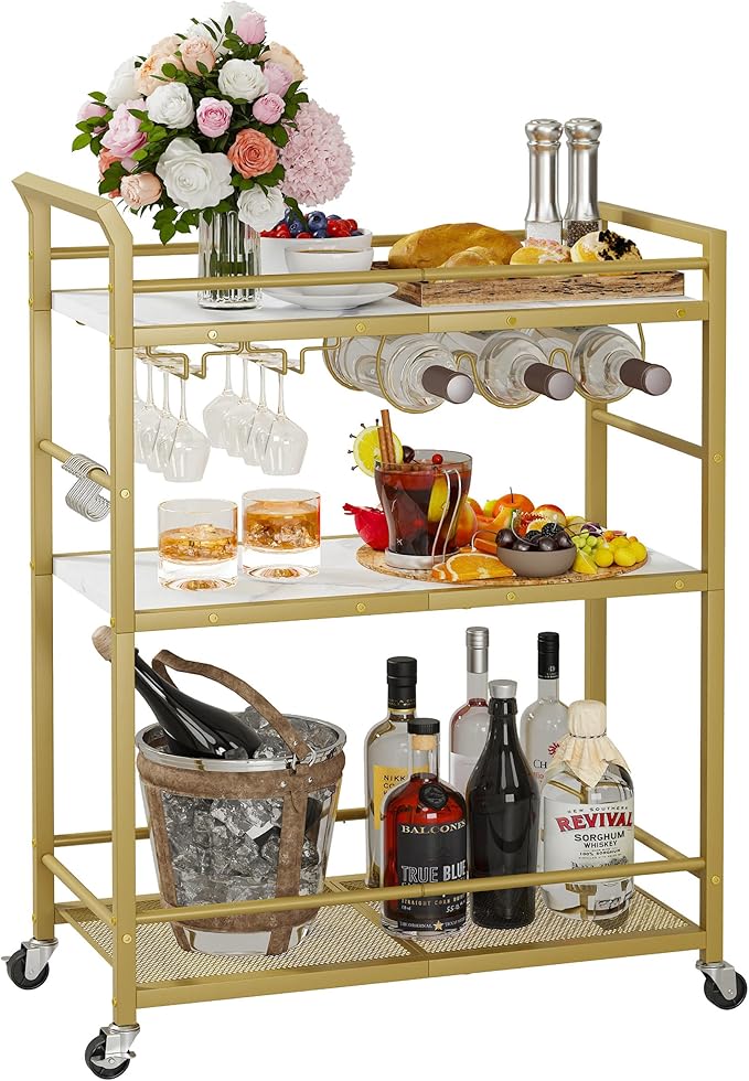 3 Tier Bar Cart Gold, Stylish Rolling Bar Cart, Gold Wine Cart with Wheels, Small Beverage cart, Metal Bar Carts Home, Liquor Cart with Glass Holders & Wine Rack for Kitchen Living Room GBC507G