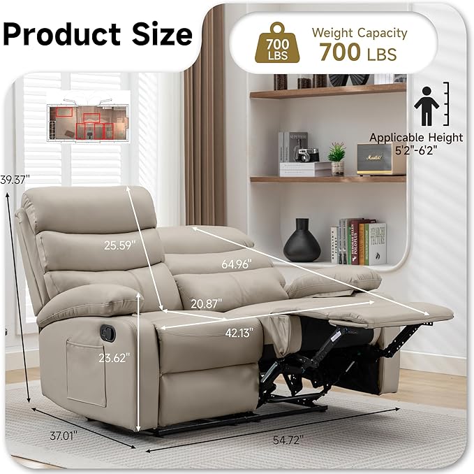 Reclining Loveseat, Anti-Scratch Leather Double Recliner Sofa with Side Pocket, Wall Hugger Loveseat Recliner for Living Room, RV, Home Theater(Beige)