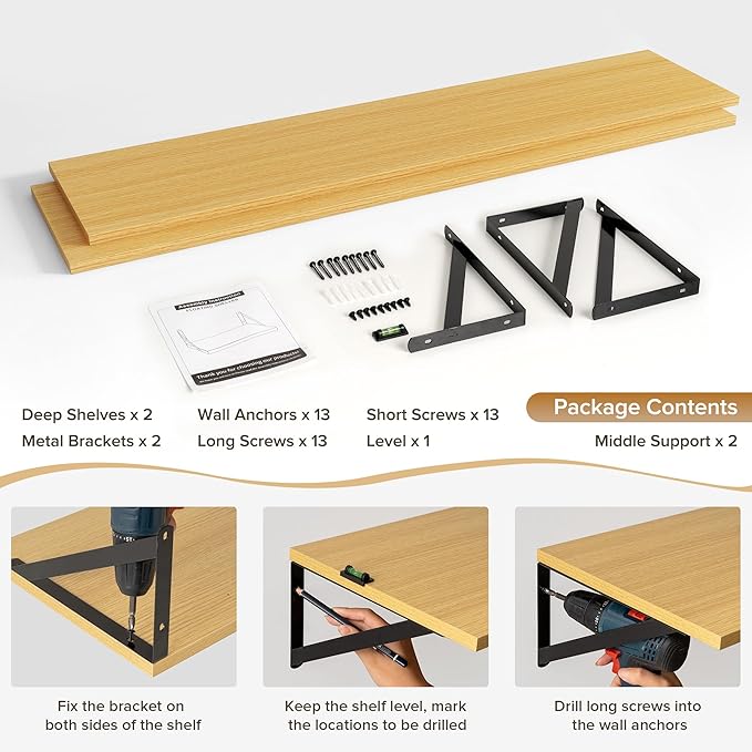 Deep Floating Shelves Wall Mounted, 55"x12" Oak Wall Shelves with Brackets Set of 2 for Bedroom, Living Room, Bathroom, Kitchen, Office - Storage & Display Shelf for Decor, Books, Plants