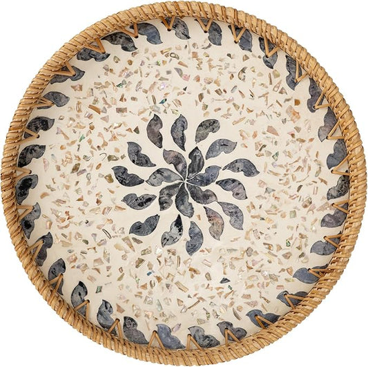 StorageWorks Decorative Coffee Table Trays for Home Decor, Round Rattan Tray with Mother of Pearl Inlay, Small Wicker Woven Serving Tray Decor for Kitchen Counter, Living Room and Ottoman, Blue