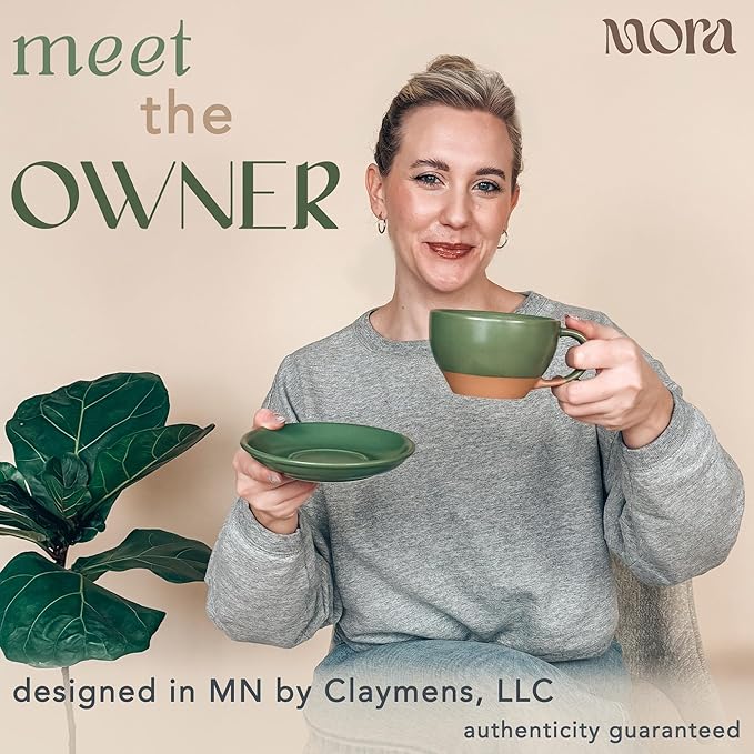 Mora Ceramic Latte Art Mug With Saucer - 10.5 oz, Round Bottom For Perfect Pours - Cafe Cups for Cappuccino, Espresso, Coffee, Tea etc - Porcelain Set for Baristas, Great Gift - Moss Green