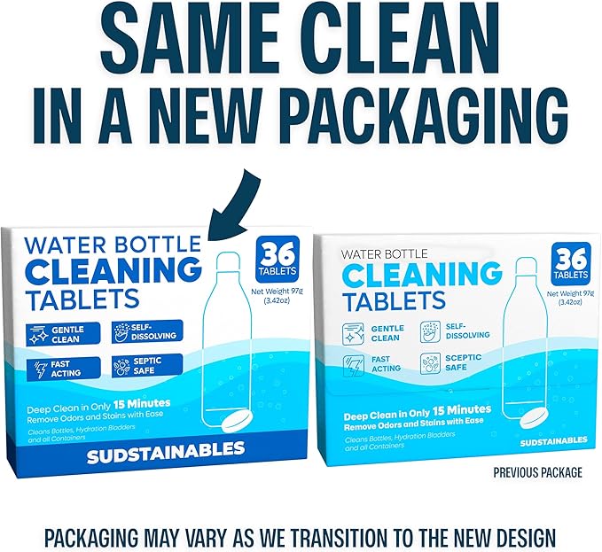 Sudstainables Water Bottle Cleaning Tablets – 36-Pack | Chlorine-Free & Odor-Control Formula | Water Bottle Cleaner, Flasks, Hydration Packs & Travel Mugs | Washer Tablets for Home, Hiking & Camping