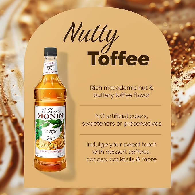 Monin - Toffee Nut Syrup, Bold and Buttery, Great for Coffee and Desserts, Gluten-Free, Non-GMO (1 Liter)