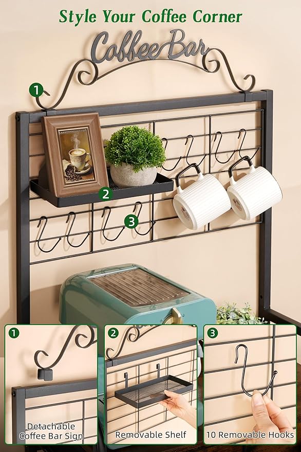 Rolling Coffee Bar Cart for Small Spaces, Coffee Station Cabinet with Storage, Apartment Coffee Nook, Side Syrup Rack, Tea Pod Drawer, Magnetic Doors, Lockable Wheels, Rustic Brown