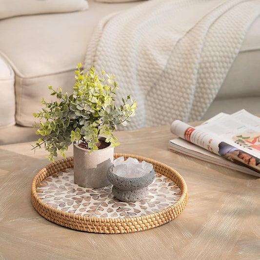 StorageWorks Decorative Coffee Table Trays for Home Decor, Round Rattan Tray with Mother of Pearl Inlay, Small Wicker Woven Serving Tray Decor for Kitchen Counter, Living Room and Ottoman, Yellow