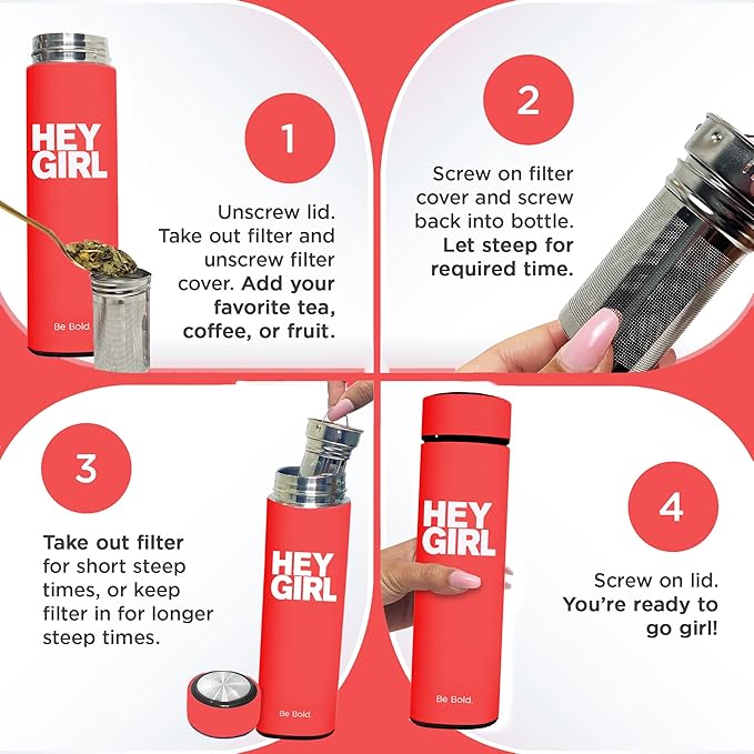 Hey Girl Tea Infuser Bottle 450ml - Insulated Stainless Steel Water Bottle - Tea Tumbler with Tea Diffuser - Portable Travel Mug for Loose Leaf Tea & Infused Water - Tea Lovers Gifts for Women