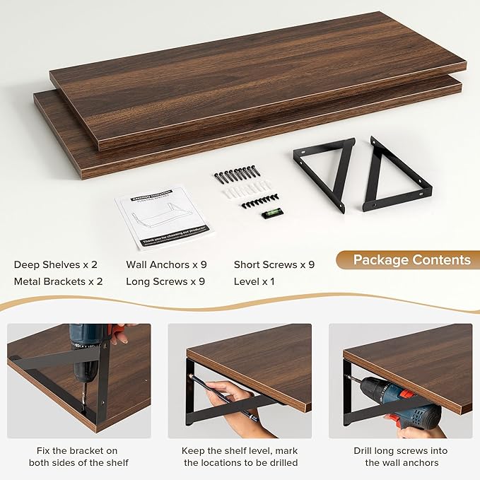 Deep Floating Shelves Wall Mounted, 30"x12" Walnut Wall Shelves with Brackets Set of 2 for Bedroom, Living Room, Bathroom, Kitchen, Office - Storage & Display Shelf for Decor, Books, Plants